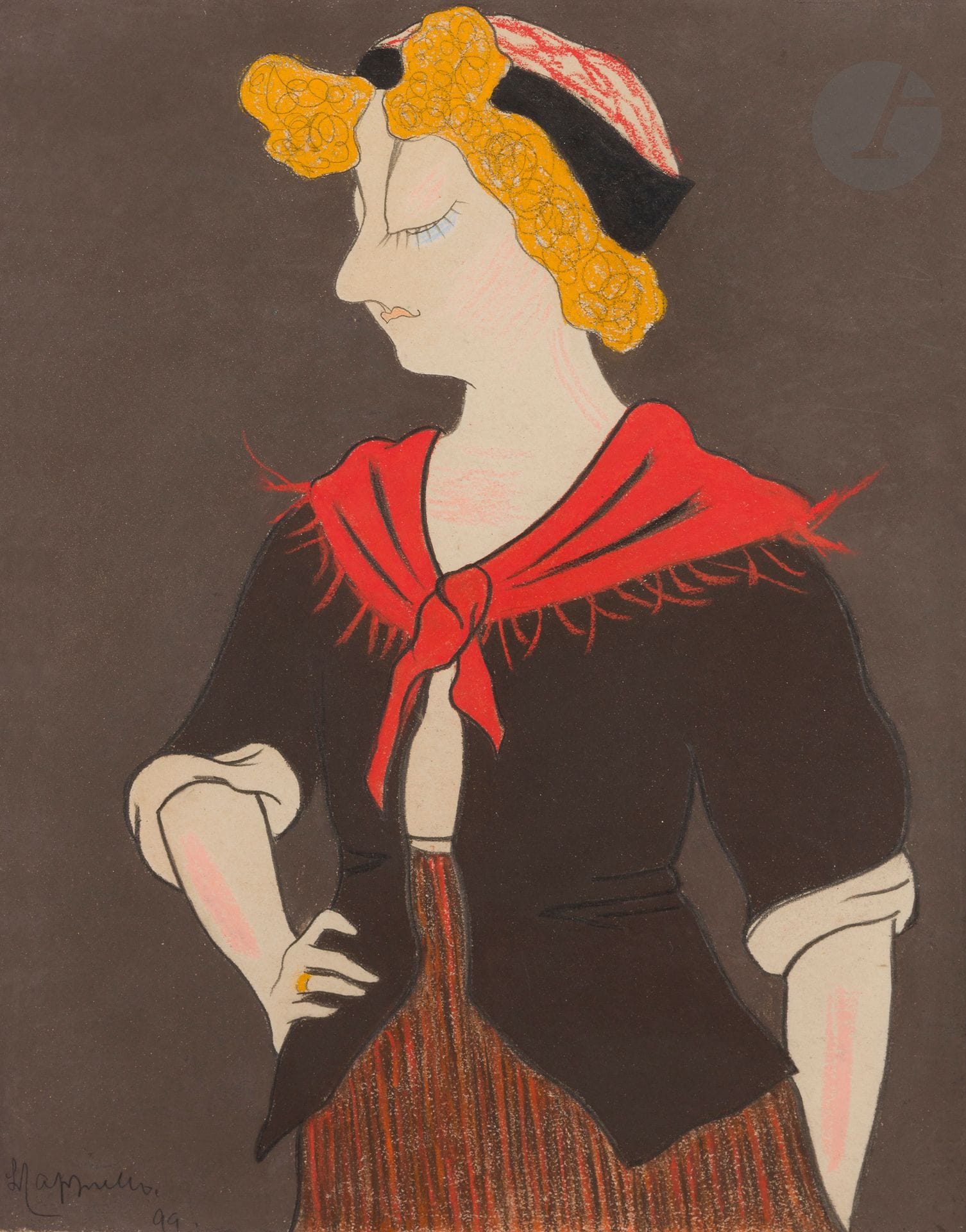Leonetto CAPPIELLO (Livourne 1875 - Grasse 1942)
Portrait de Cécile Sorel dans « Les antivel » à l’Odéon
Gouache et pastel sur trait de crayon noir.
Signée et datée en bas à gauche de « 99 ».
Ancienne étiquette au verso de l’encadrement de la galerie Paul Prouté, n°88, reproduit.
(Trace de restauration sur le haut).
26 x 33 cm