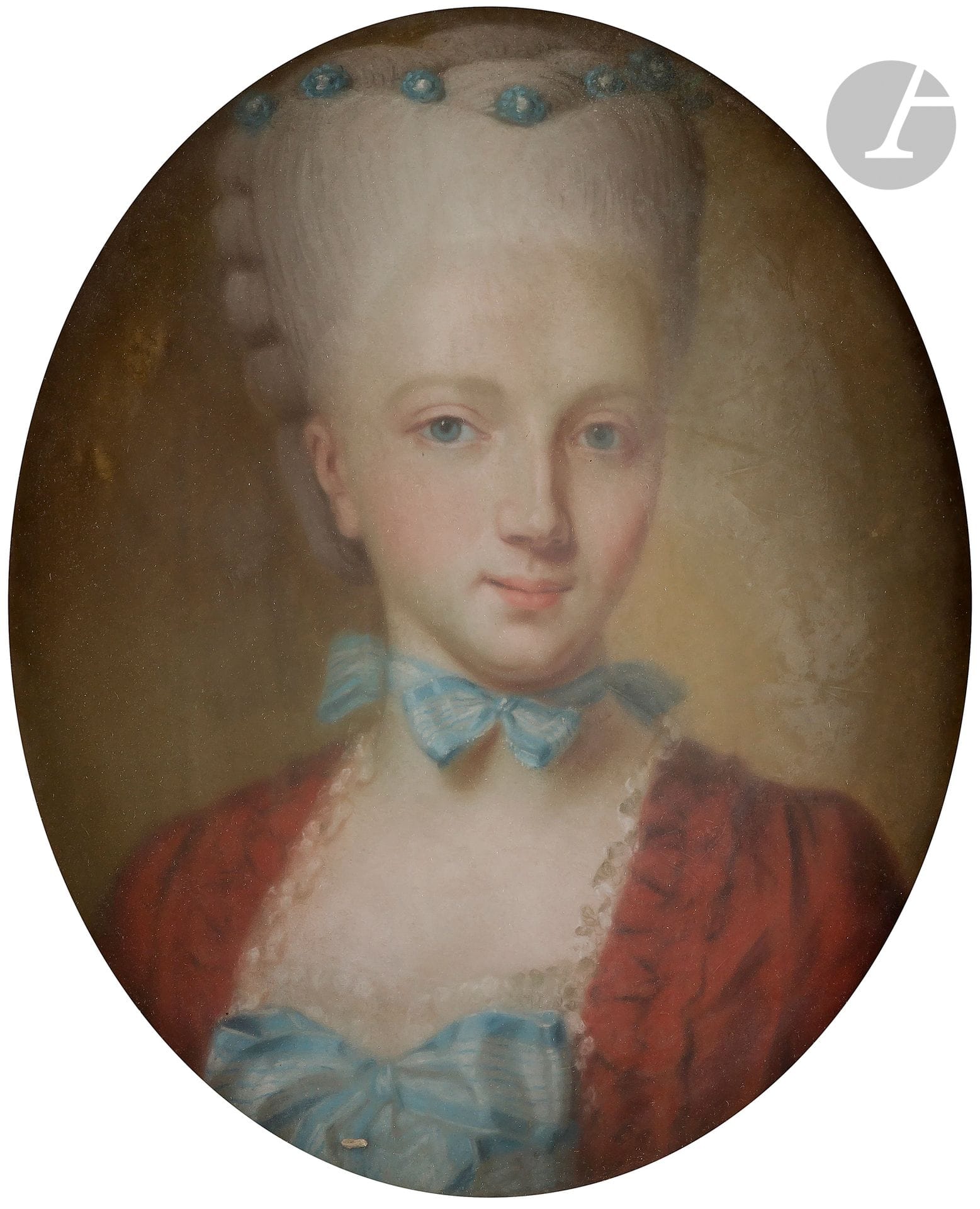 ÉCOLE ALLEMANDE du XVIIIe siècle
Portrait de jeune fille au nœud bleu
Pastel.
Dans un cadre ovale à nœud.
46 x 38 cm