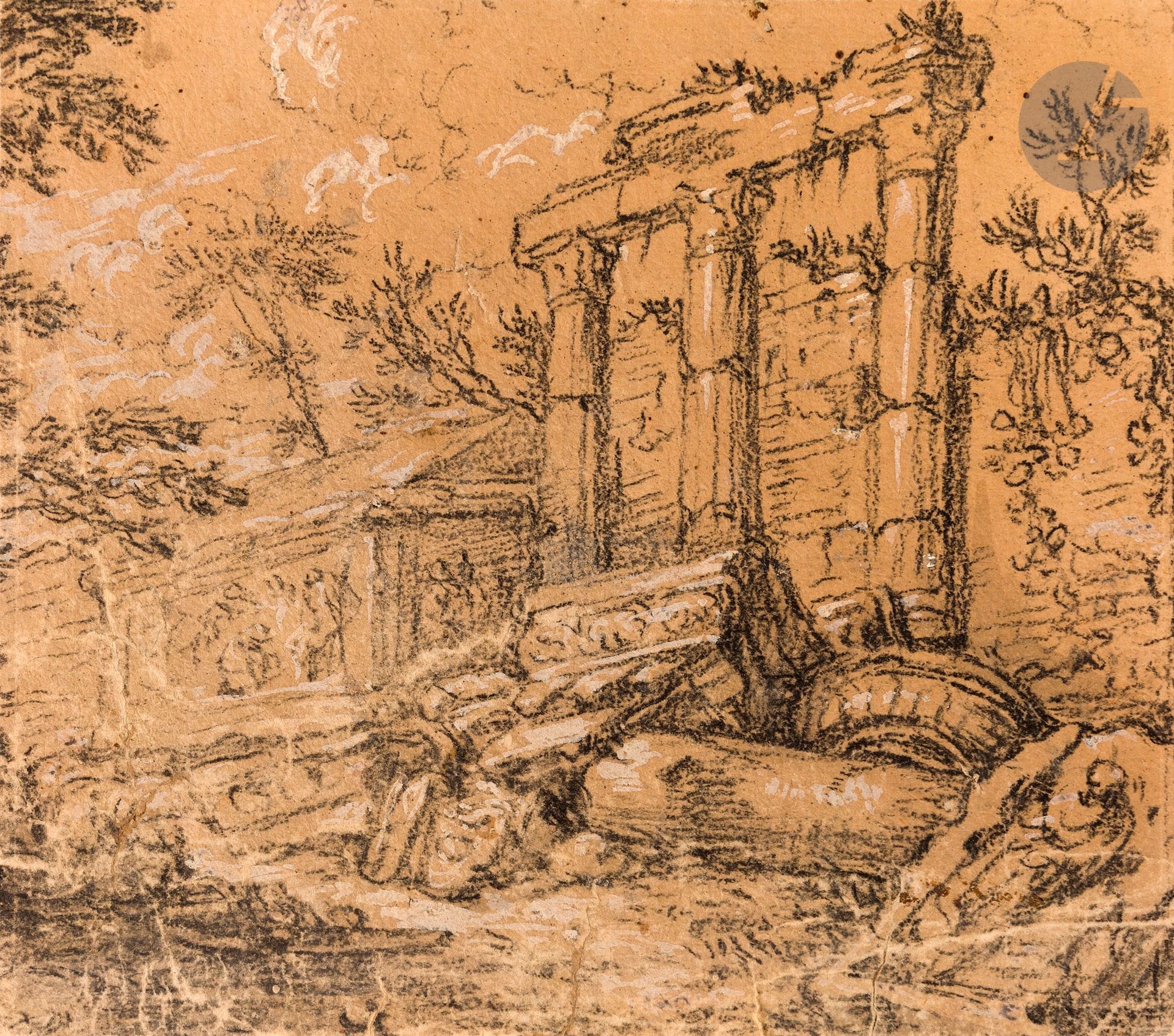 Jonas HUMBACH (Augsbourg 1624 - 1693)
Une paire de paysages aux ruines
Pierre noire et rehauts de craie blanche sur papier beige.
(Pliures, petites taches, usures et petit trou en bas à droite sur l’un d’eux).
13,2 x 15 cm

Provenance : 
Vente Henri Godts, le 22 mars 2016, lot n°34.