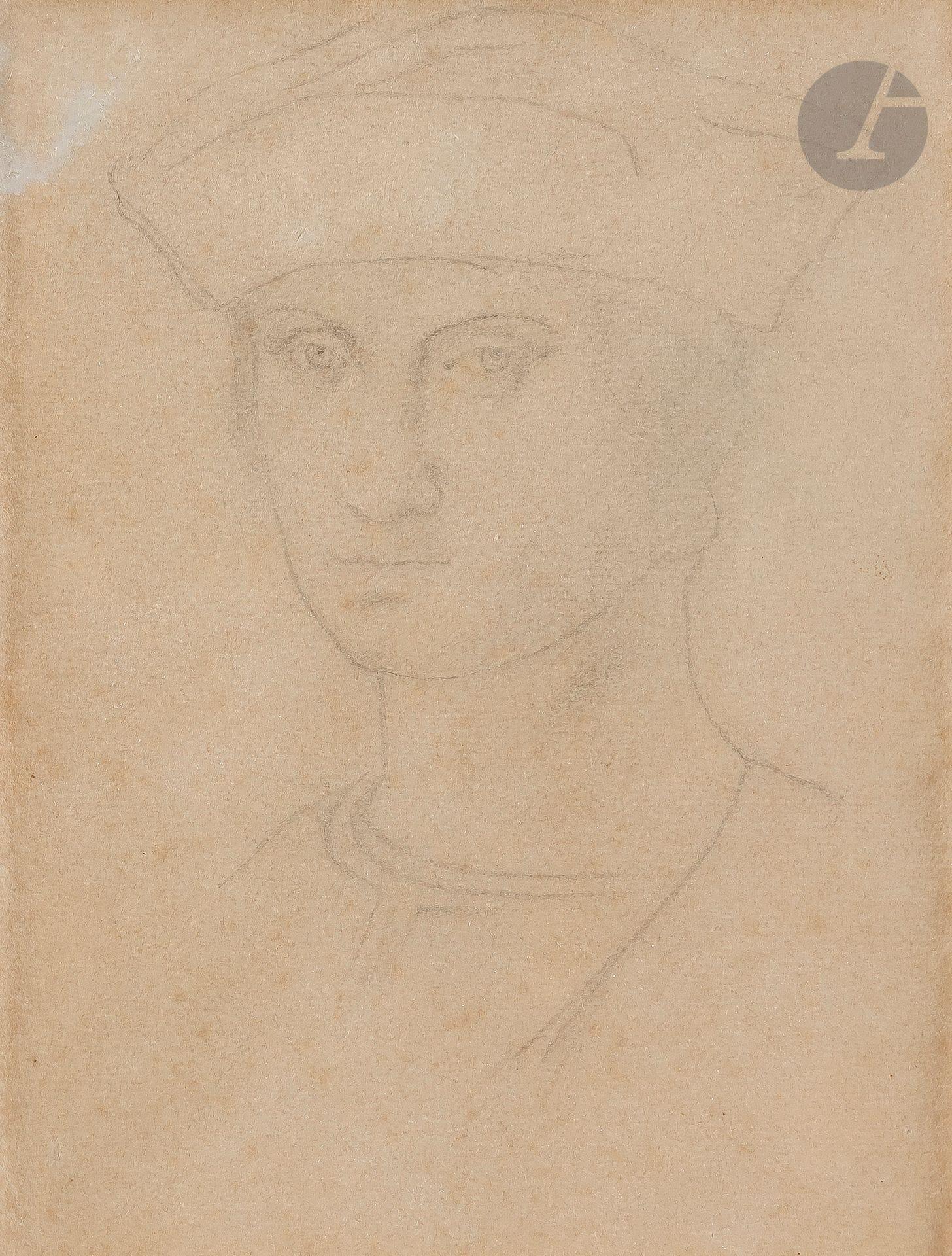 Edgar DEGAS (Paris 1834 - 1917)
Portrait d’homme au béret d’après un maître ancien
Crayon noir et estompe.
(Traces de rousseurs et de restauration en haut à gauche).
Cachet de la succession Degas (quasiment effacé) au verso (L. 657) et numéroté «1702» au crayon bleu au verso.
19 x 14,5 cm

Provenance :  
Collection Paul Brame, Paris.

Bibliographie :  
Reproduit dans le catalogue des œuvres de Degas, Paris, 1949.