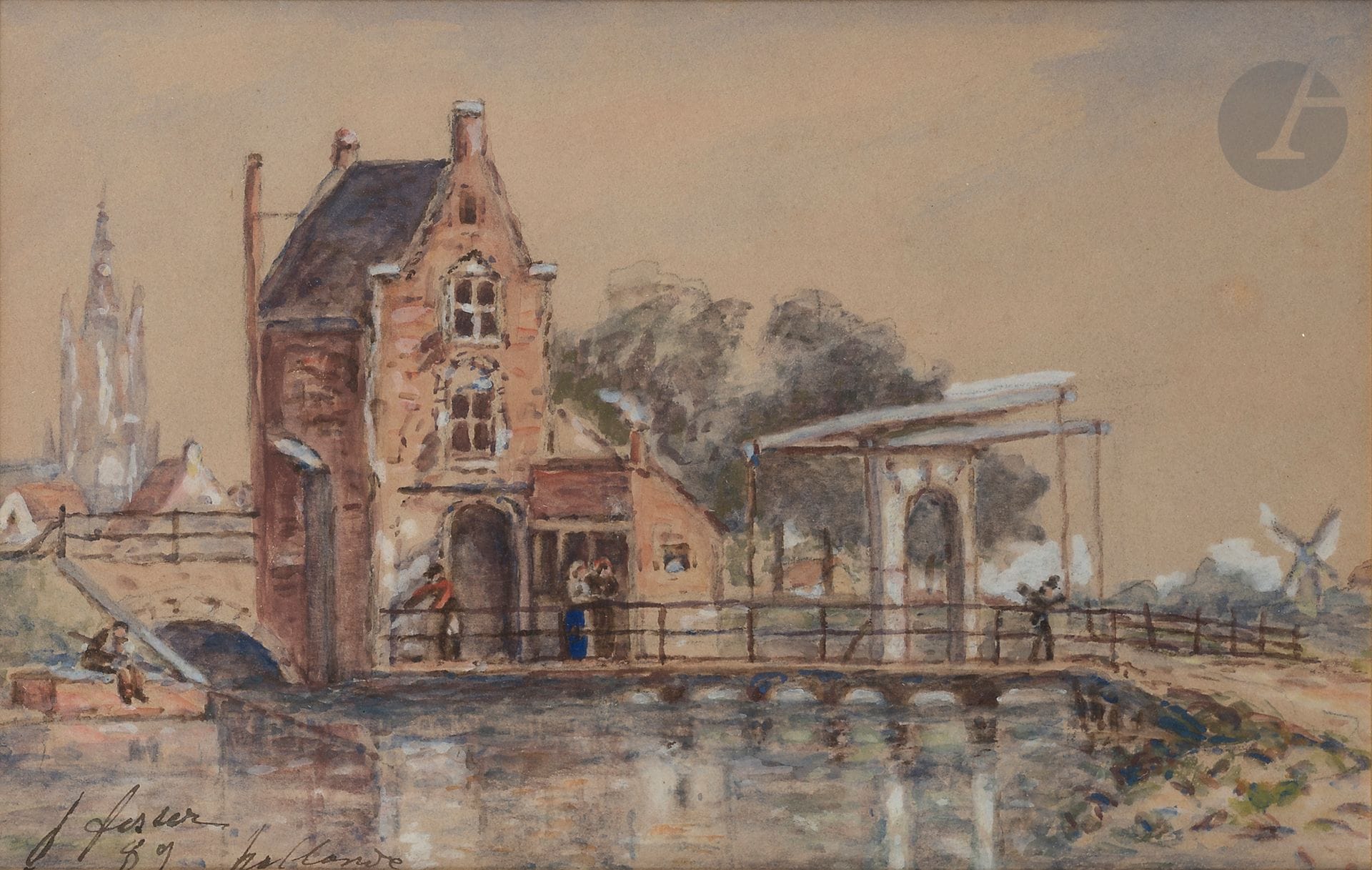 Marie Joséphine FESSER 
(Namur 1819 - La Côte- Saint- André 1891)
Vue de la ville de Delft, 1889
Aquarelle et rehauts de gouache.
Signée, datée et située «Hollande» en bas à gauche.
15 x 24 cm

Il s’agit d’une copie de l’aquarelle de Jongking, elle- même datée de 1888 (Voir Stein 2003, 872) [CJK PLH H0520].