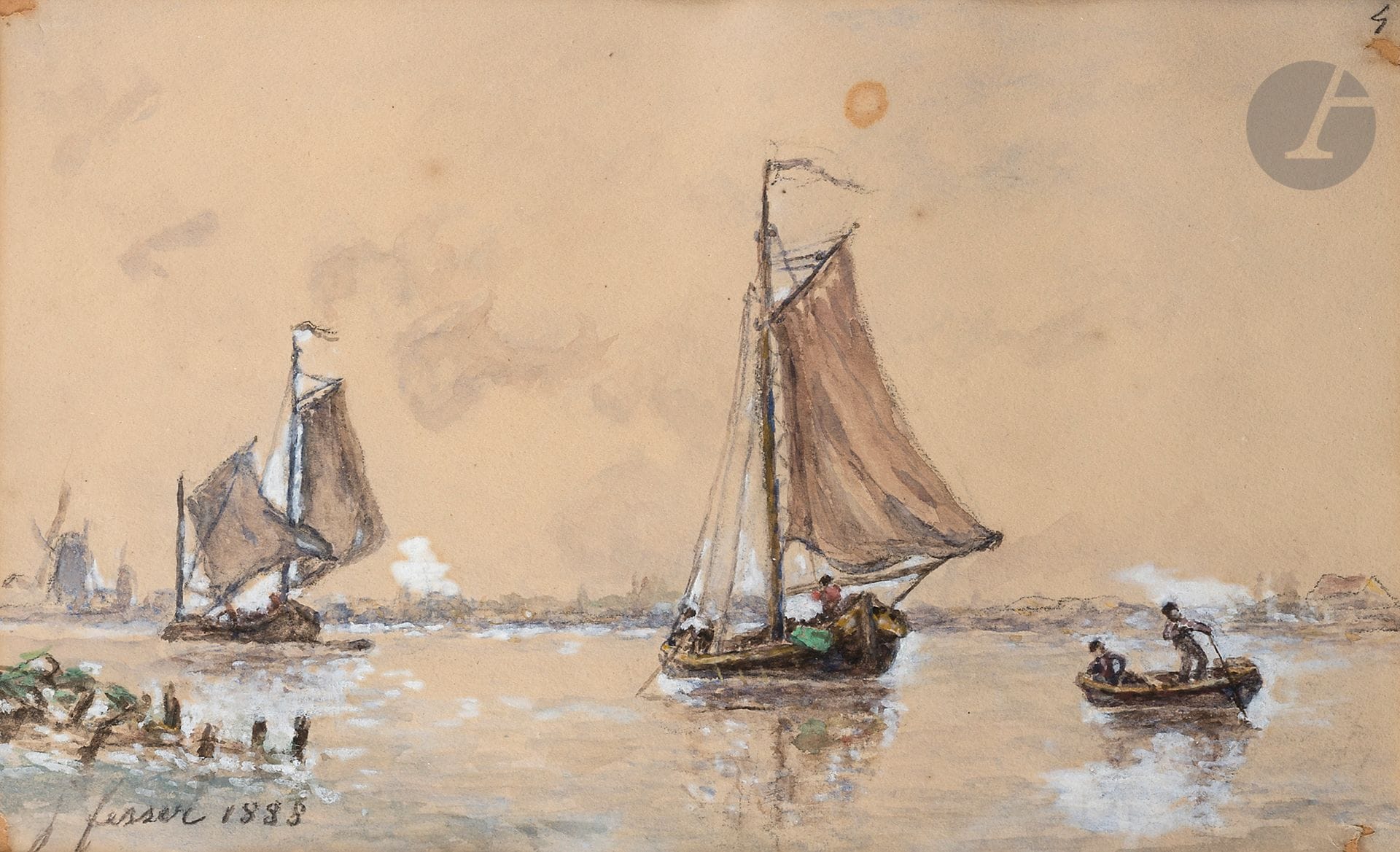 Marie Joséphine FESSER 
(Namur 1819 - La Côte- Saint- André 1891)
Marine, 1888
Aquarelle gouachée sur traits de crayon noir.
Signée et datée en bas à gauche.
(Manques dans les angles, taches).
15 x 25 cm