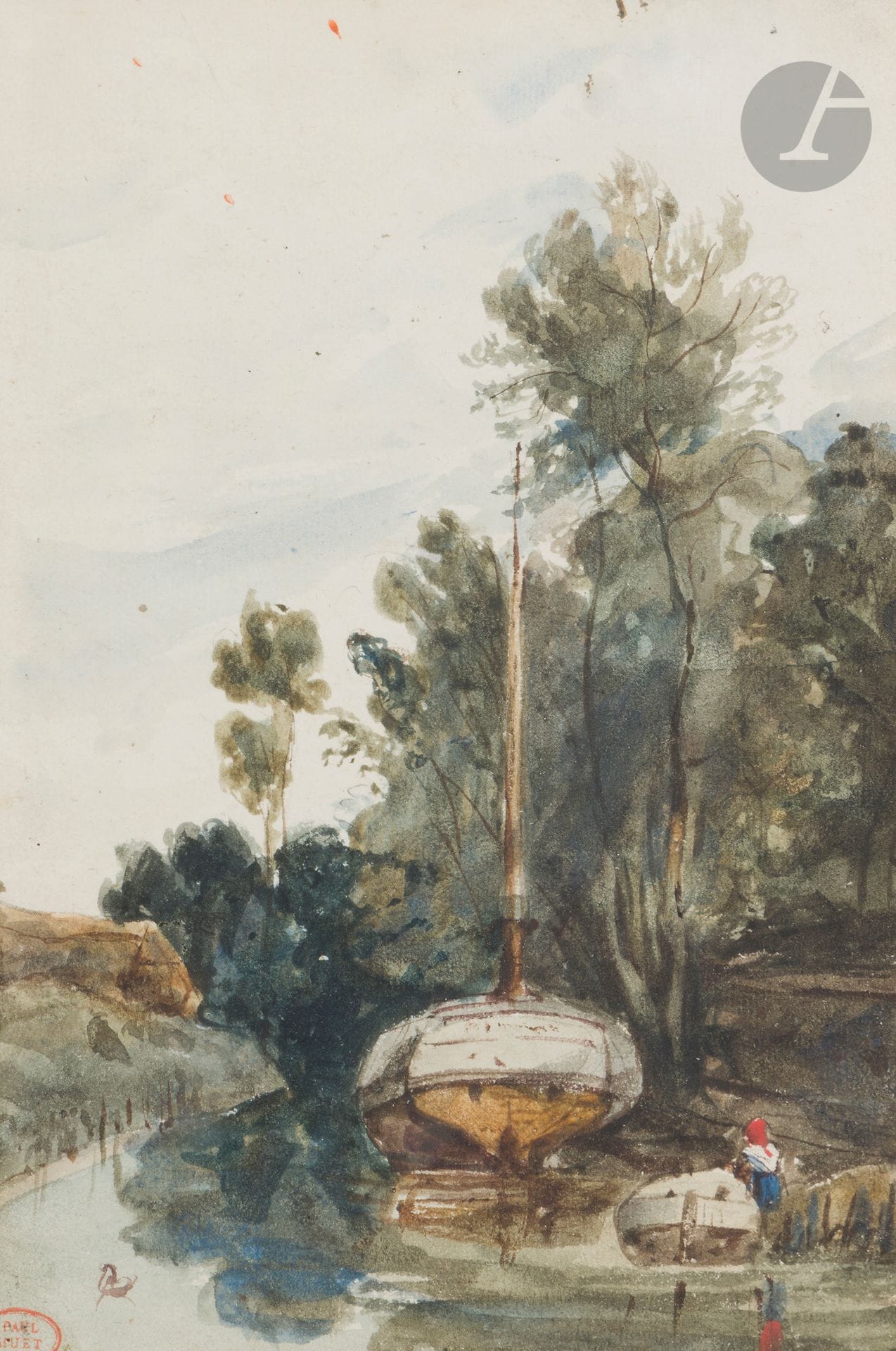 Paul HUET (Paris 1803- 1869)
Barques au bord de l’eau
Aquarelle gouachée.
Cachet de l’atelier en bas à gauche (L.1268).
22 x 14 cm

Provenance :  
Vente Me Rheims, Hôtel Drouot, salle n°10, Paris, 15 mai 1972, n°134.