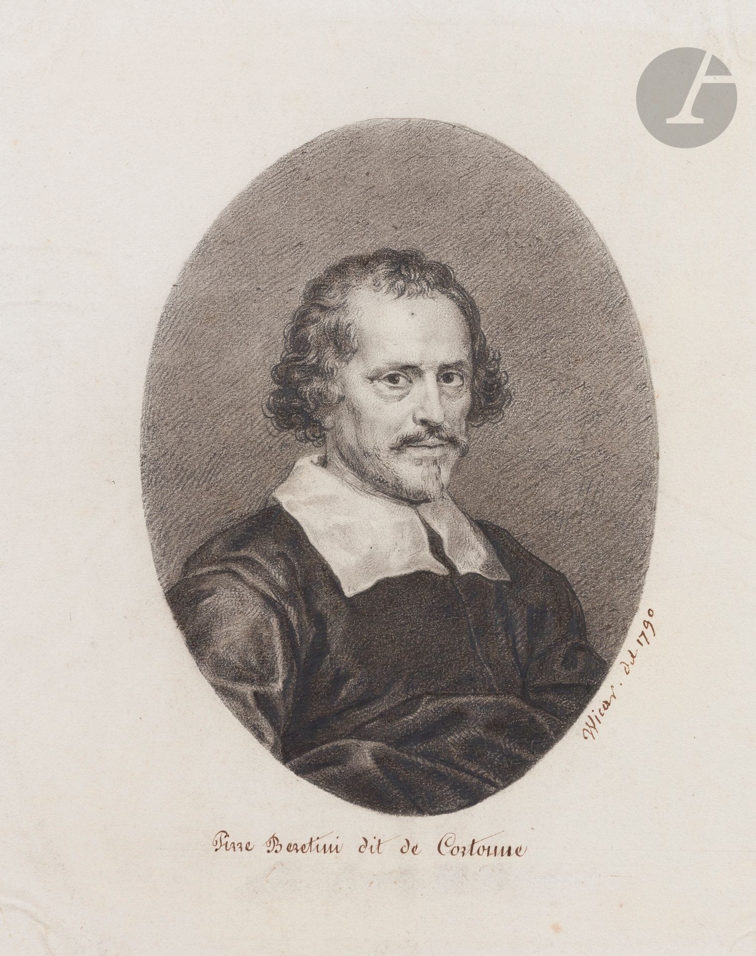 Jean- Baptiste Joseph WICAR 
(Lille 1762 - Rome 1834)
Portrait de Pierre de Cortone, 1790
Crayon noir et estompe.
Signé et daté en bas à droite.
22,5 x 18 cm
