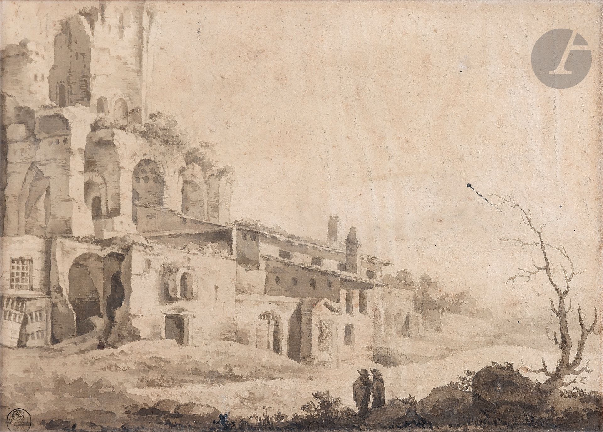 ÉCOLE DU NORD du début XVIIIe siècle
Paysage de ruine en Italie
Lavis gris.
(Pliures et taches).
Cachet de la collection Dhikeos en bas à droite (L. 3529).
17 x 24 cm
