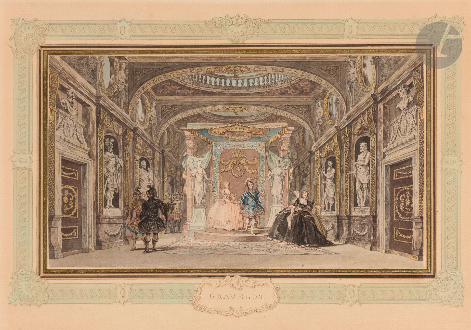 Hubert François GRAVELOT 
(Paris 1699 - 1773)
Le Départ pour la guerre, scène d’opéra 
Aquarelle sur traits de crayon noir.
(Légèrement insolé, petites taches).
15,2 x 26,7 cm