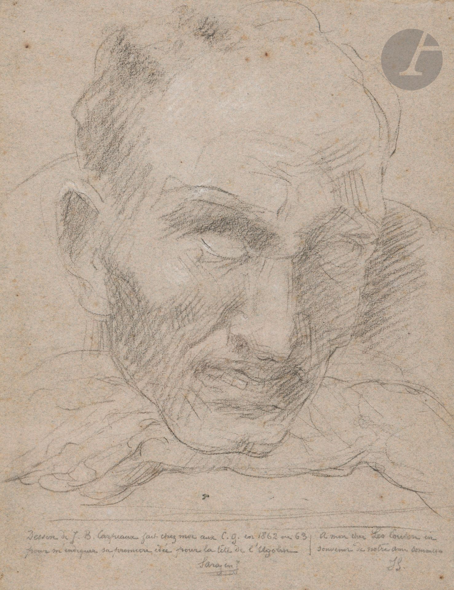 Jean- Baptiste CARPEAUX 
(Valenciennes 1827 - Courbevoie 1875)
Étude de tête pour Ugolin
Crayon noir et craie blanche sur papier gris.
Inscription postérieure dans le bas :  « Dessin de J. B. Carpeaux fait chez moi aux C.G. en 1862 ou 63 pour m’indiquer sa première idée de la tête de l’Ugolin ».
Dédicacé « Sar...»/ A mon cher Léo Coulon en souvenir de notre ami commun JS ».
(Quelques rousseurs, bords irrégulier).
30 x 23 cm