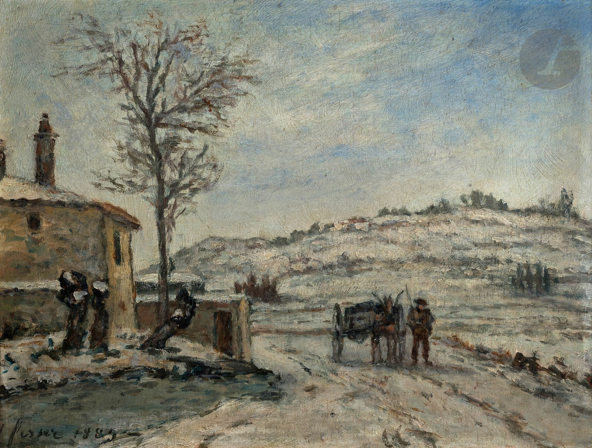 Marie Joséphine FESSER 
(Namur 1819 - La Côte- Saint- André 1891)
Hiver, charrette sur le chemin, 1885
Huile sur panneau.
Signée et datée en bas à gauche.
16 x 21 cm