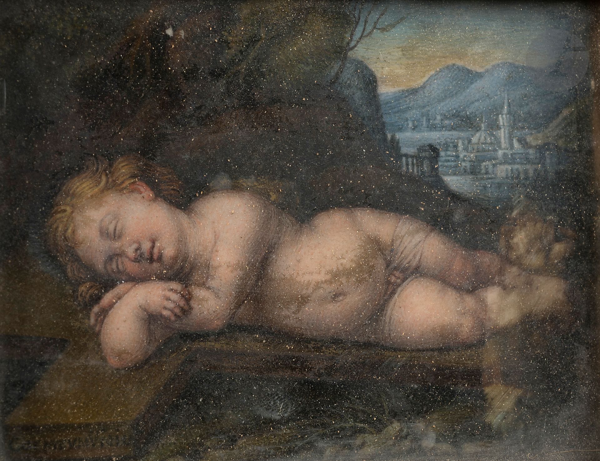 ÉCOLE ITALIENNE du XVIIe siècle
Jésus enfant endormi sur la croix, dans un paysage
Gouache.
7 x 10 cm