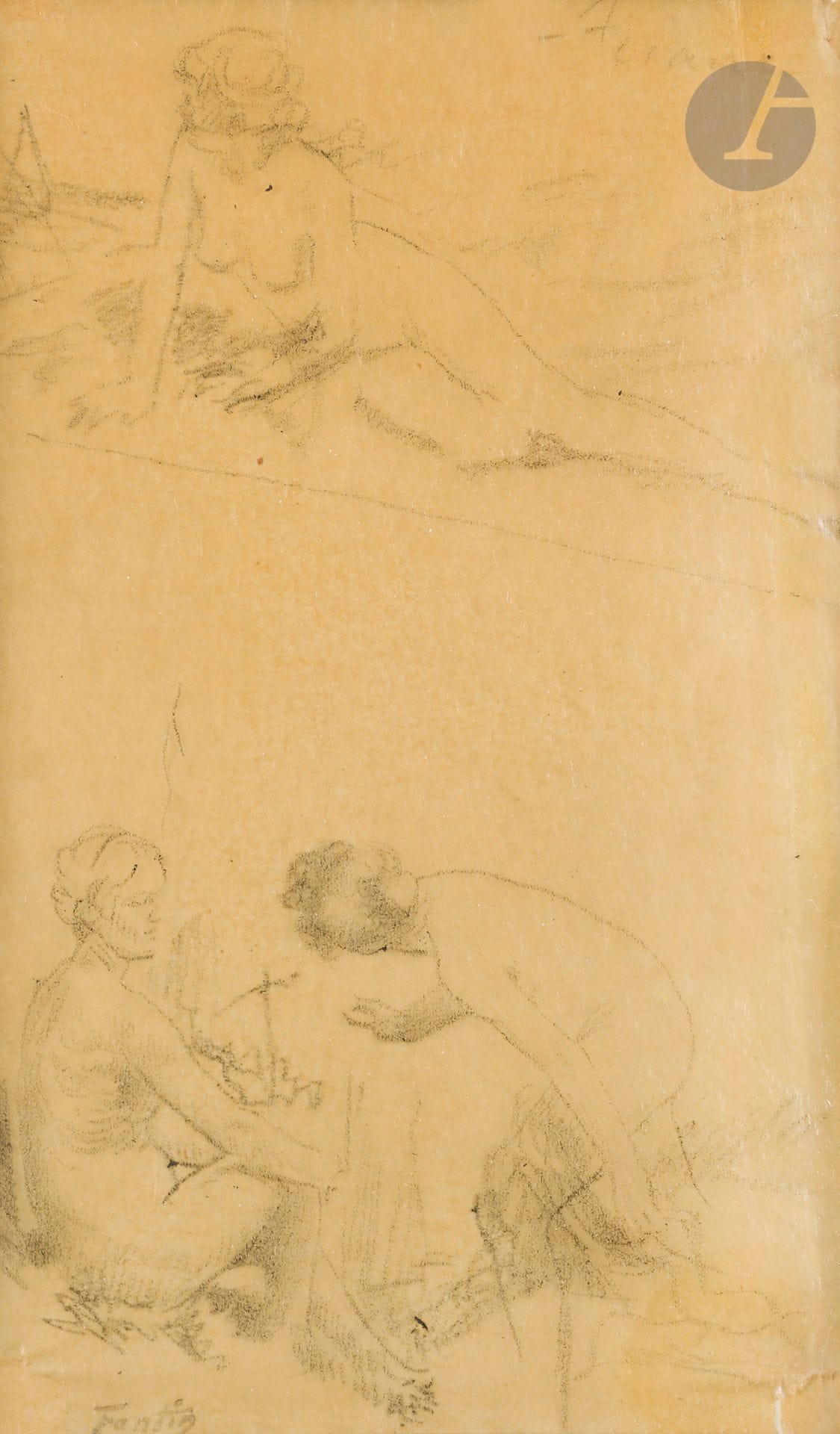 Henri FANTIN- LATOUR (Grenoble 1836 - Buré 1904)
Study of a nude woman
Black pencil on tracing paper. 
Artist's stamp lower left (L. 919e) (Tear and fold).
19.5 x 12 cm