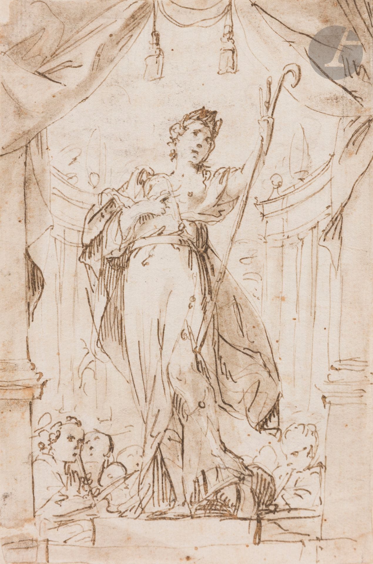 NAPOLITAN SCHOOL, late 17th century
Allegory
Pen, brown ink and bistre wash.
(Paper missing from upper left corner).
15.5 x 10.5 cm