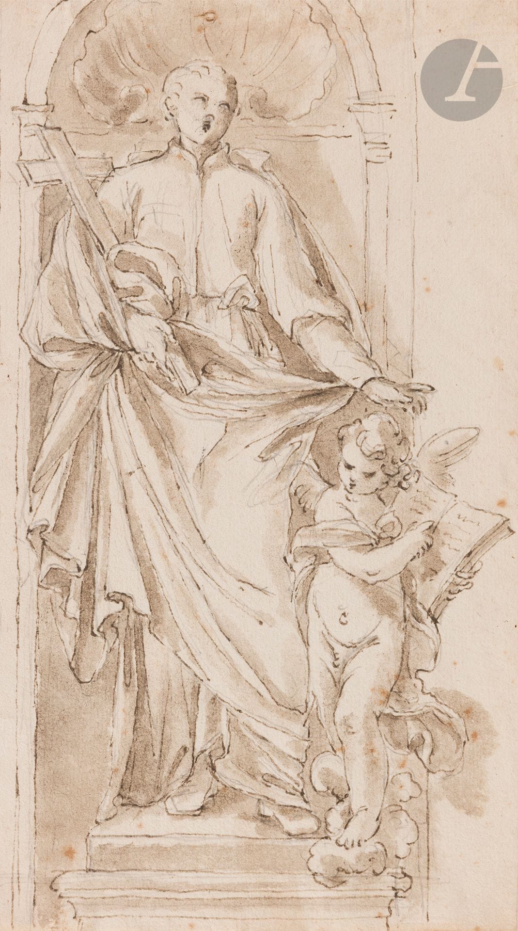 ÉCOLE NAPOLITAINE du XVIIIe siècle
Étude de Saint dans une niche
Plume et encre brune, lavis bistre.
28 x 16,5 cm