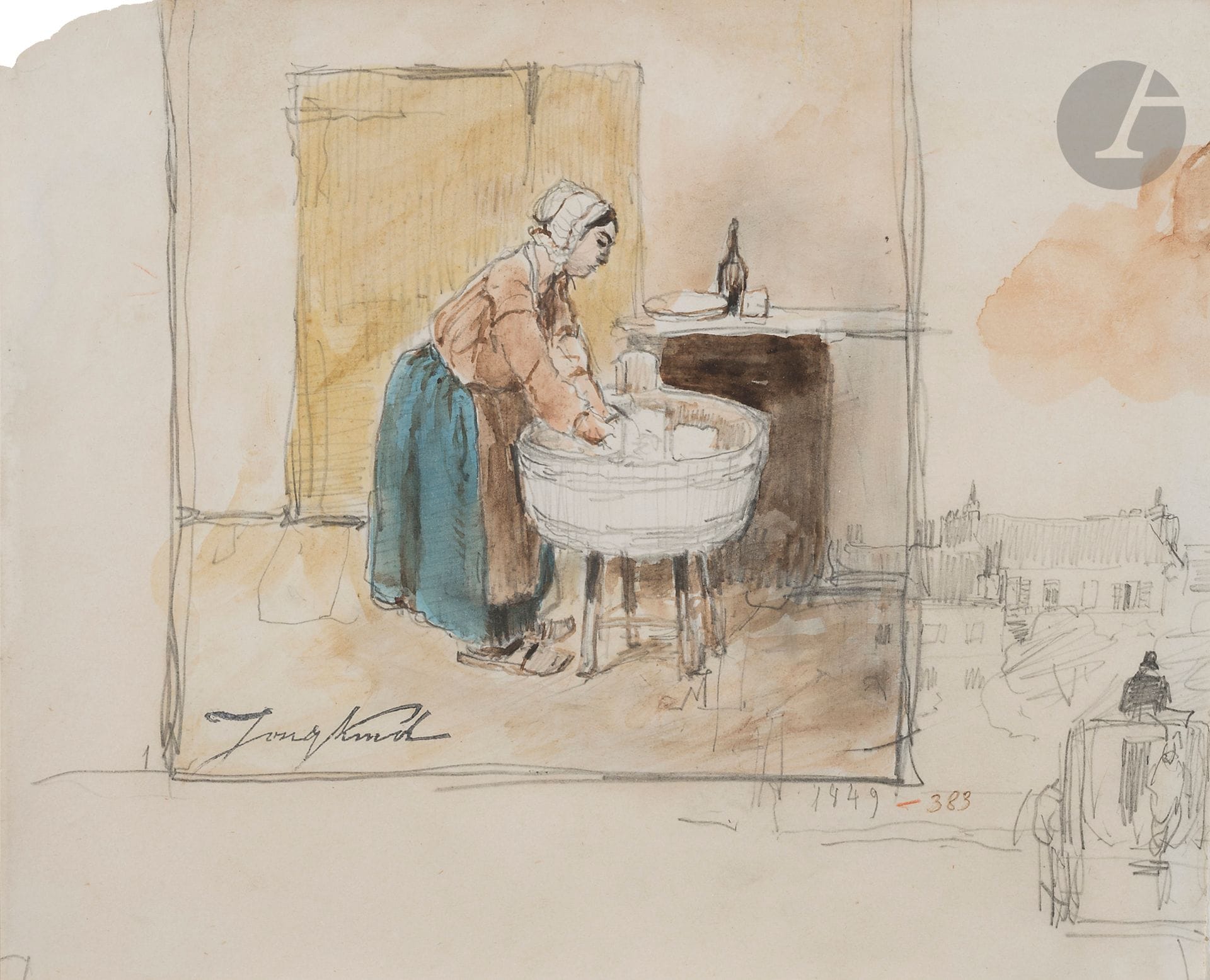 Johan-Barthold JONGKIND 
(Lattrop 1819 - Saint-Egrève 1891)
Woman washing clothes - Small town sketch, 1849
Graphite and watercolor.
Studio stamp lower left (L1401).
(Missing corner top left).
16.5 x 20 cm

Exhibition:  
Jongkind, Galerie Schmit, Paris, 1966.

We would like to thank the Jongkind-Paris-La Haye committee for kindly confirming the authenticity of this watercolor, which is referenced under no. G00048.