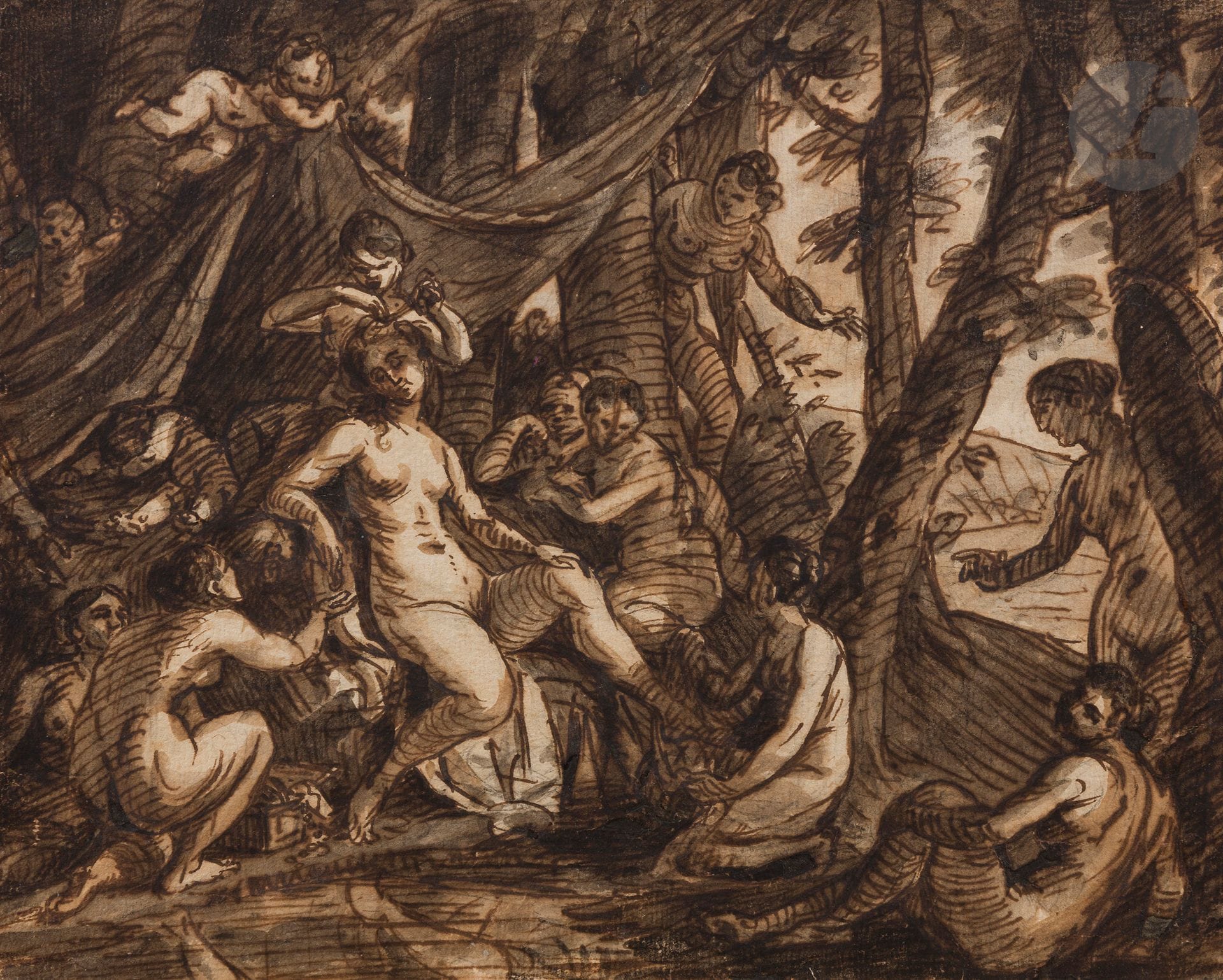 ÉCOLE FLAMANDE du XVIIIe siècle
Le Bain de Diane
Plume et encre brune sur traits de crayon noir, lavis brun.
23 x 28 cm