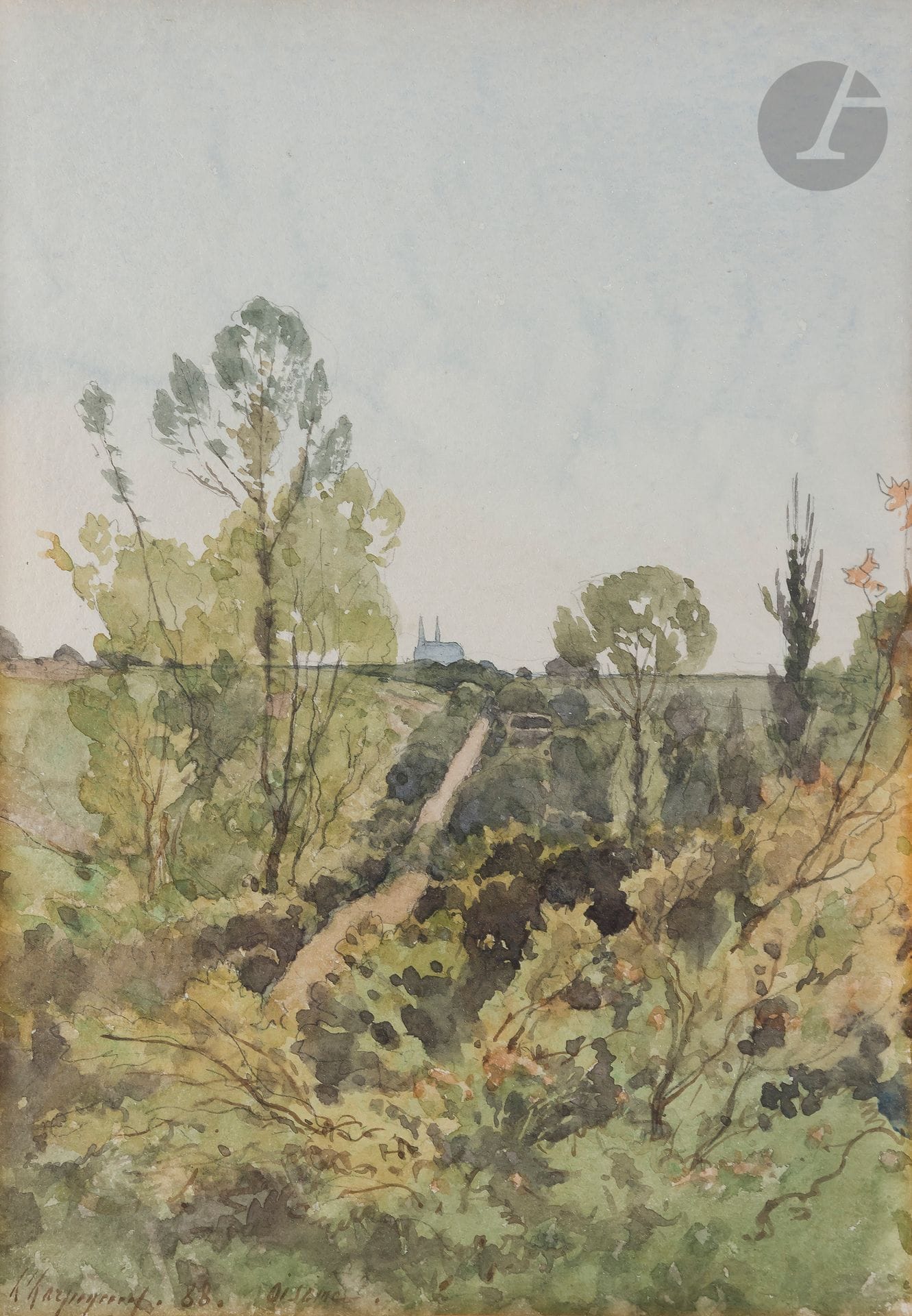 Henri Joseph HARPIGNIES 
(Valenciennes 1819 - Saint- Privé 1916)
Vue de Chartres prise de Oisème, 1888
Aquarelle sur traits de crayon noir.
Signée, datée, située en bas à gauche « 88Oisème ».
Annotée au verso de l’encadrement « Vue prise à Oisème près de Chartres/ 1888 ».
27 x 18,5 cm

Provenance :  
Vente Ancienne Collection Arnold & Tripp, Me Henri Baudoin, Paris, 9 février 1934, non reproduit.

Nous remercions Monsieur Jean- Pierre Cappoen pour les informations qu’il nous a transmises.