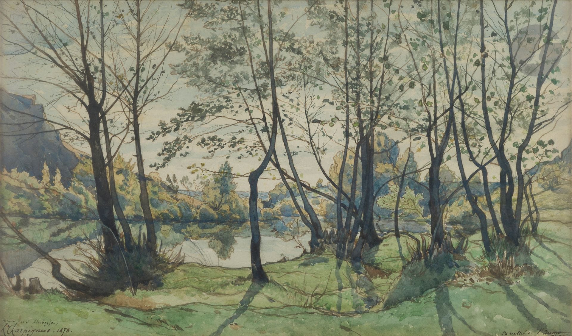 Henri Joseph HARPIGNIES 
(Valenciennes 1819 - Saint- Privé 1916)
La Vallée de l’Aumance, 1873
Aquarelle.
Signée, datée et dédicacée « à l’ami Dubufe » en bas à gauche.
Située en bas à droite.
28 x 48 cm

Provenance :  
Vente Me Bellier, Hôtel Drouot, 28 janvier 1955, n° 24.

Nous remercions Monsieur Jean- Pierre Cappoen d’avoir confirmé l’authenticité de cette œuvre et pour les informations qu’il nous a transmises.