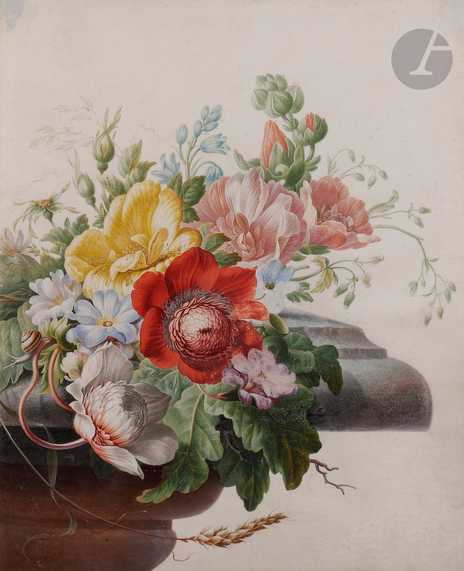 Herman HENSTENBURG (Hoorn 1667 - 1726)
Bouquet sur un entablement avec fourmis et escargot
Aquarelle gouachée sur vélin.
Signée en bas à gauche.
(Quelques écaillures).
30 x 24,5 cm