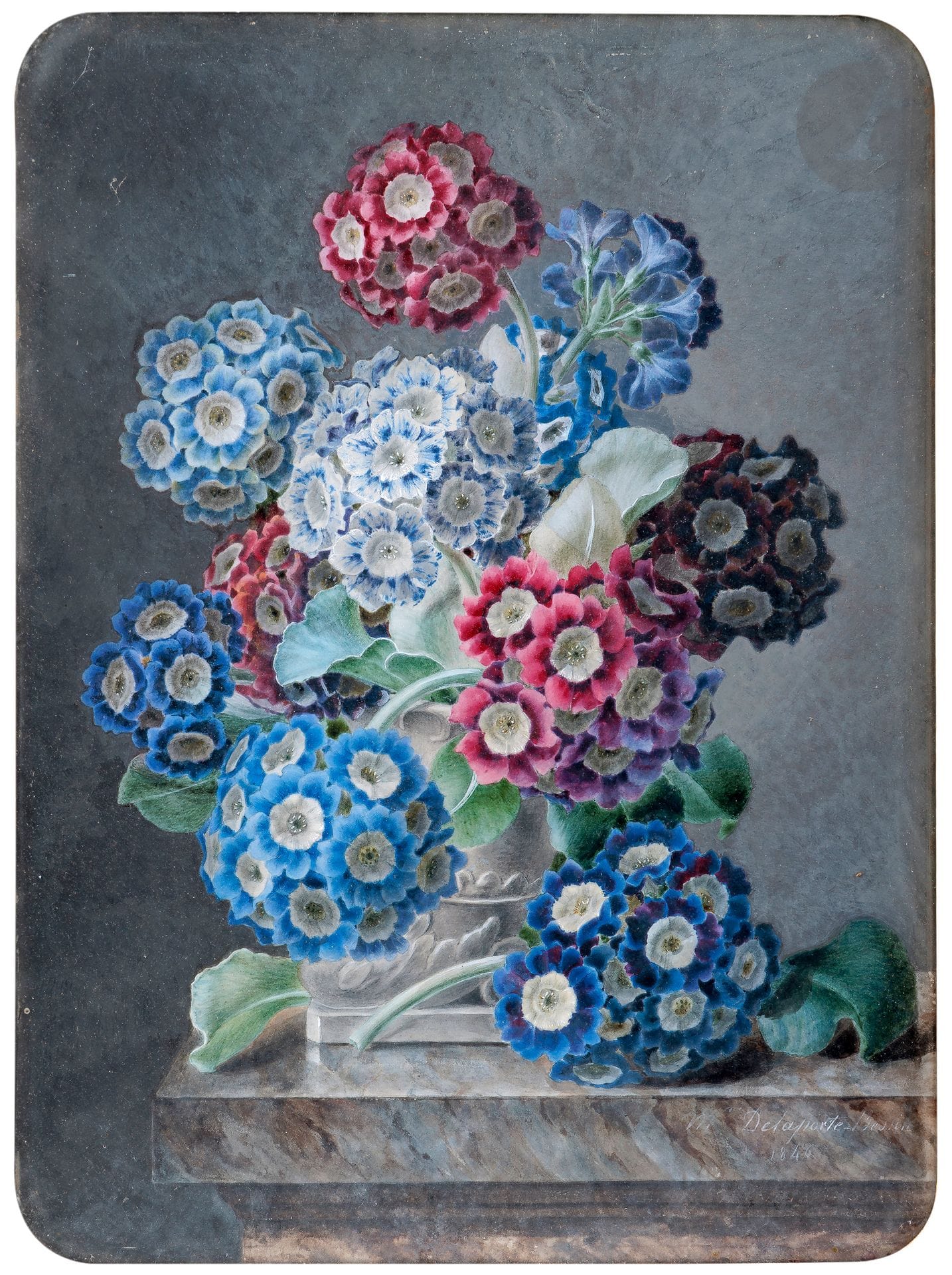 Rosine- Antoinette DELAPORTE- BESSIN (Paris 1807 - 1876)
Bouquet de primevères auricules dans un vase sur un entablement, 1846
Gouache sur vélin.
Signée et datée «1846» en bas à droite.
36,5 x 27,5 cm