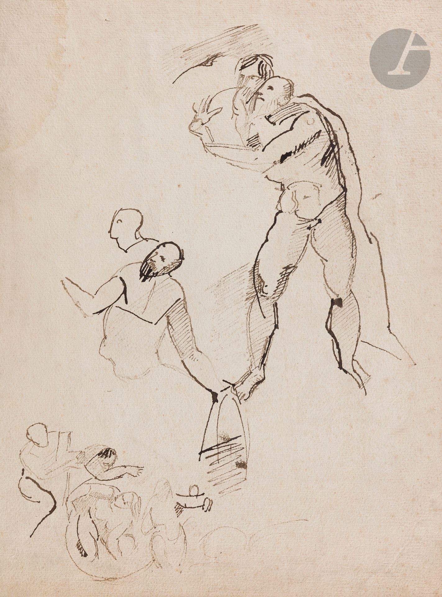Baron GROS SCHOOL
Study of figures
Pen and brown ink.
43 x 32 cm
After Anne-Louis GIRODET
Atala's funeral
Black pencil.
Monogrammed and dated lower right CH 8 bre 1813.
(Freckles).
44 x 59 cm

Claude Ferdinand GAILLARD (1834-1887)
Man's head
Black pencil.
Studio stamp lower right.
33 x 29 cm

FRENCH ECOLE circa 1820
Portrait of a woman
Black stone and white chalk highlights.
(Accidents).
50 x 34 cm