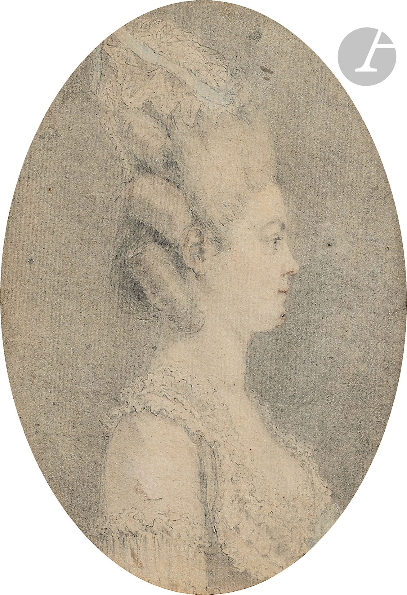 Augustin de Saint- AUBIN (Paris 1736 - 1807)
Portrait de femme de profil.
Crayon noir, estompe et rehauts, touche de sanguine et crayon bleu.
14 x 11 dans un ovale