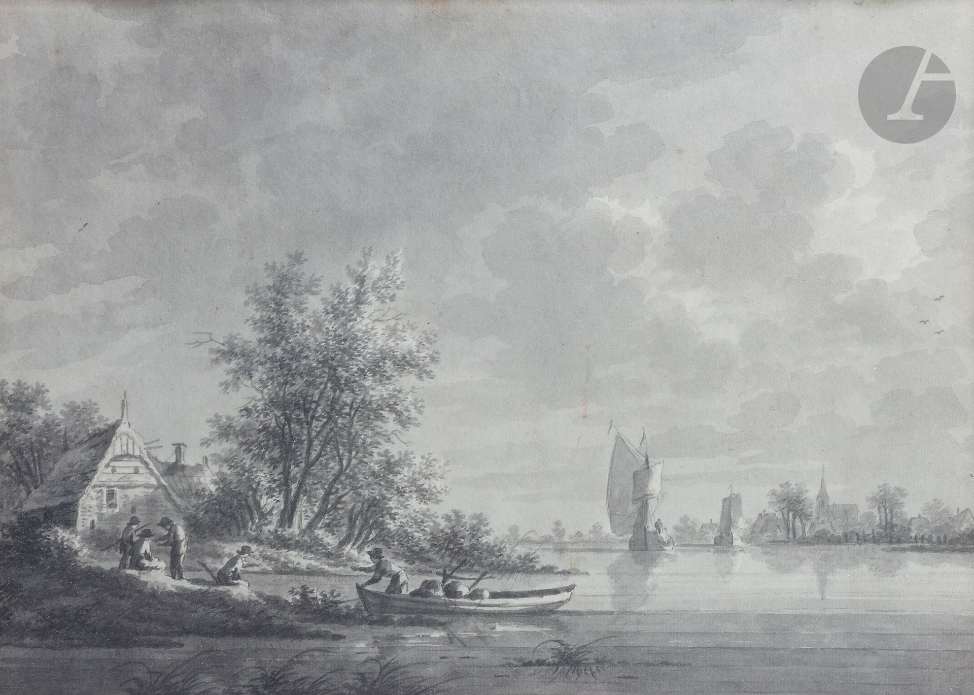 Nicolas WICART (1748 - 1815)
Paire de paysages fluviaux animés
Plume et encre grise, lavis gris.
Signée en bas à gauche.
29 x 40,5 cm chaque