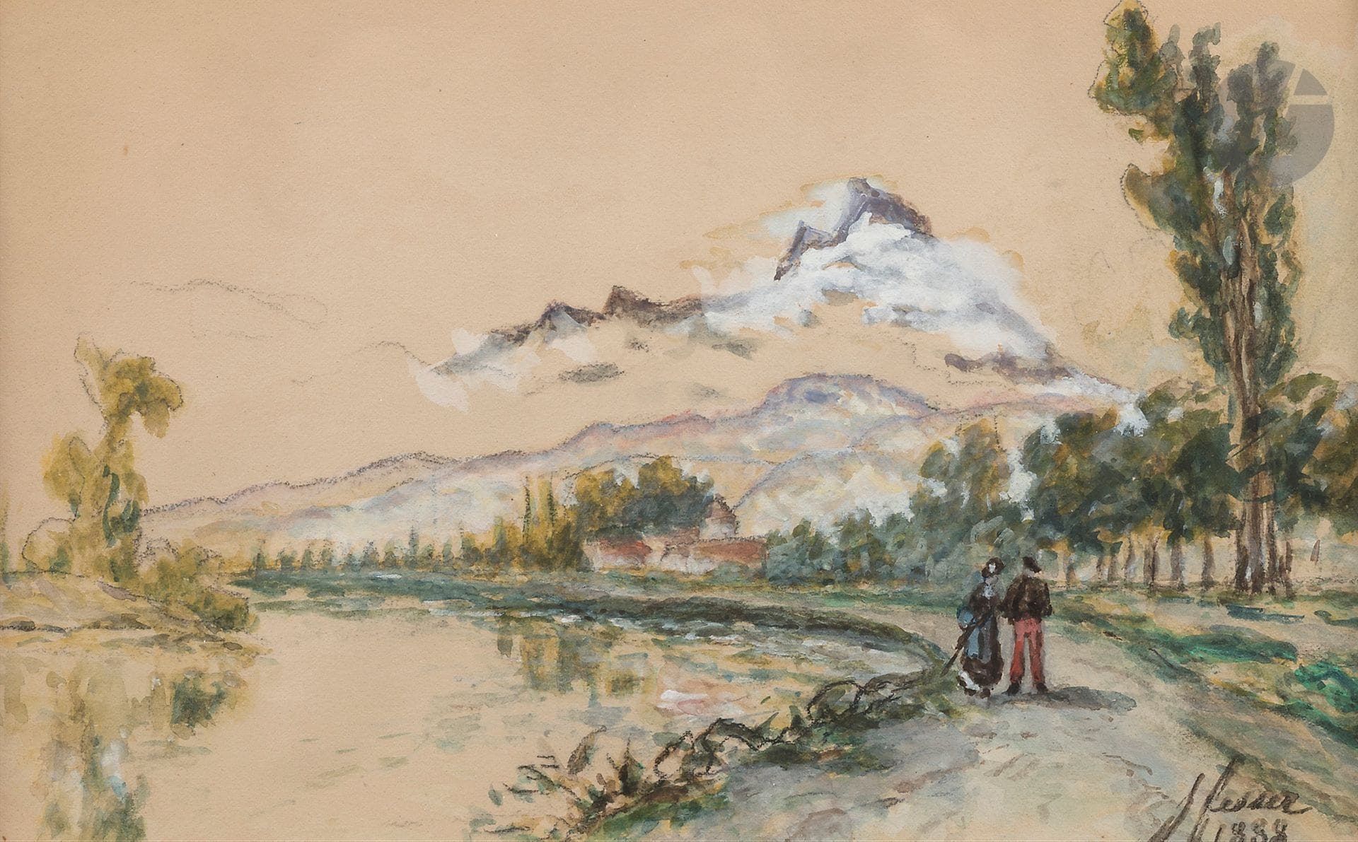 Marie Joséphine FESSER 
(Namur 1819 - La Côte- Saint- André 1891)
Chemin près de Grenoble, 1888
Aquarelle, crayon noir et rehauts de gouache.
Signée et datée en bas à droite.
15 x 24 cm

Une toile de Jongkind du même motif est reproduite in Stein 2003, n°833.