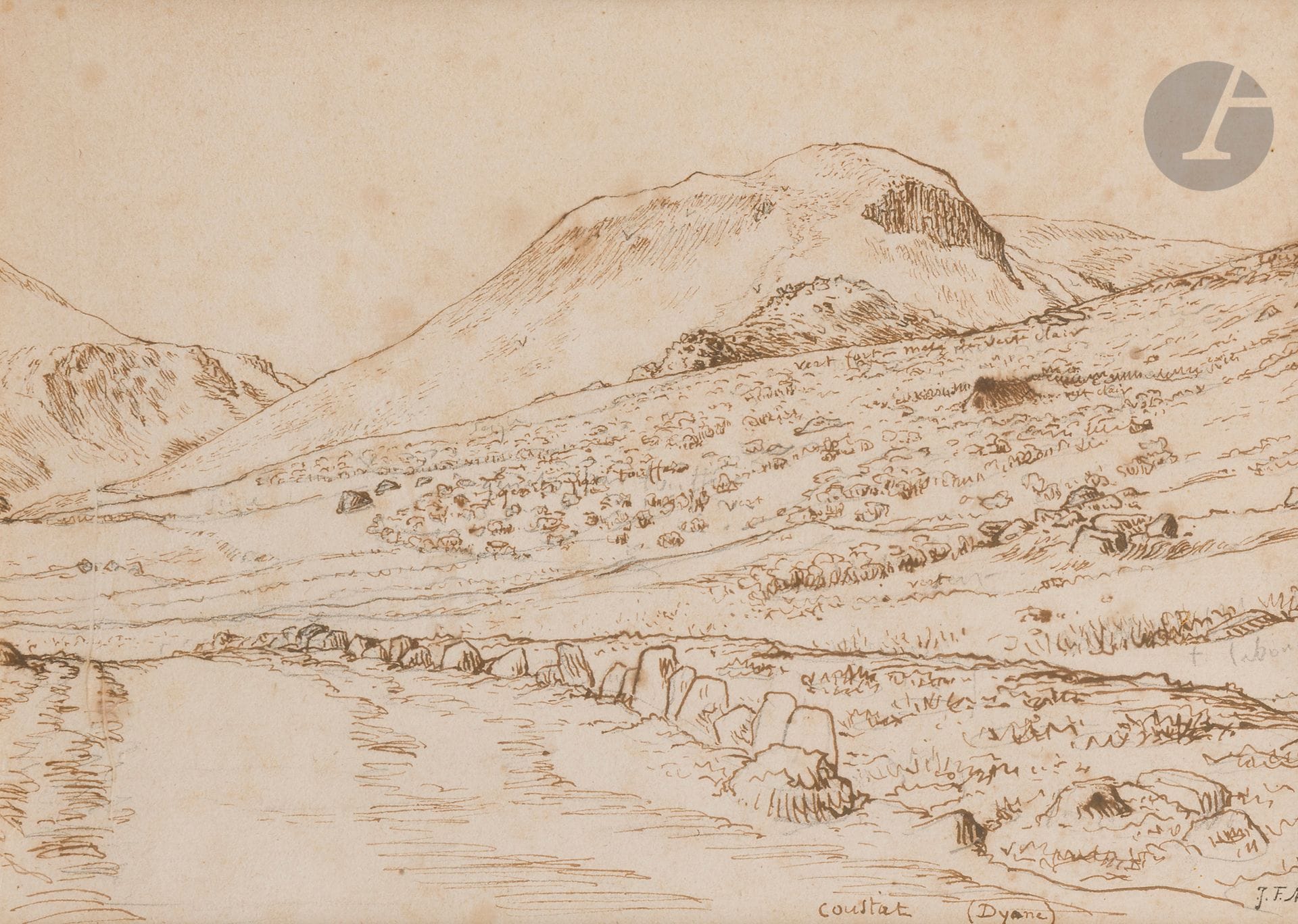 Jean- François MILLET (1814 hameau de Gruchy - Barbizon 1875)
Paysage près de Dyane, vers 1866
Plume et encre brune sur traits de crayon noir.
Annotée « Coustat » (Dyane) en bas à droite
(Rousseurs, pliure à gauche).
21,5 x 28,5 cm

Provenance :
Cachet de la vente d’atelier en bas à droite (L.1460).

On connait plusieurs dessins situés à Dyane exécutés lors de ce voyage (voir N. Roux, « Jean- François Millet Voyages en Auvergne et Bourbonnais 1866- 1868 », Clermont- Ferrand, 2002, Editions Skira, n° 25 à 28, reproduit p. 50 à 53). Le hameau est à environ 10 kilomètres du Mont- Doré, au pied du col de Dyane, appelé aujourd’hui col de la Croix- Morand.