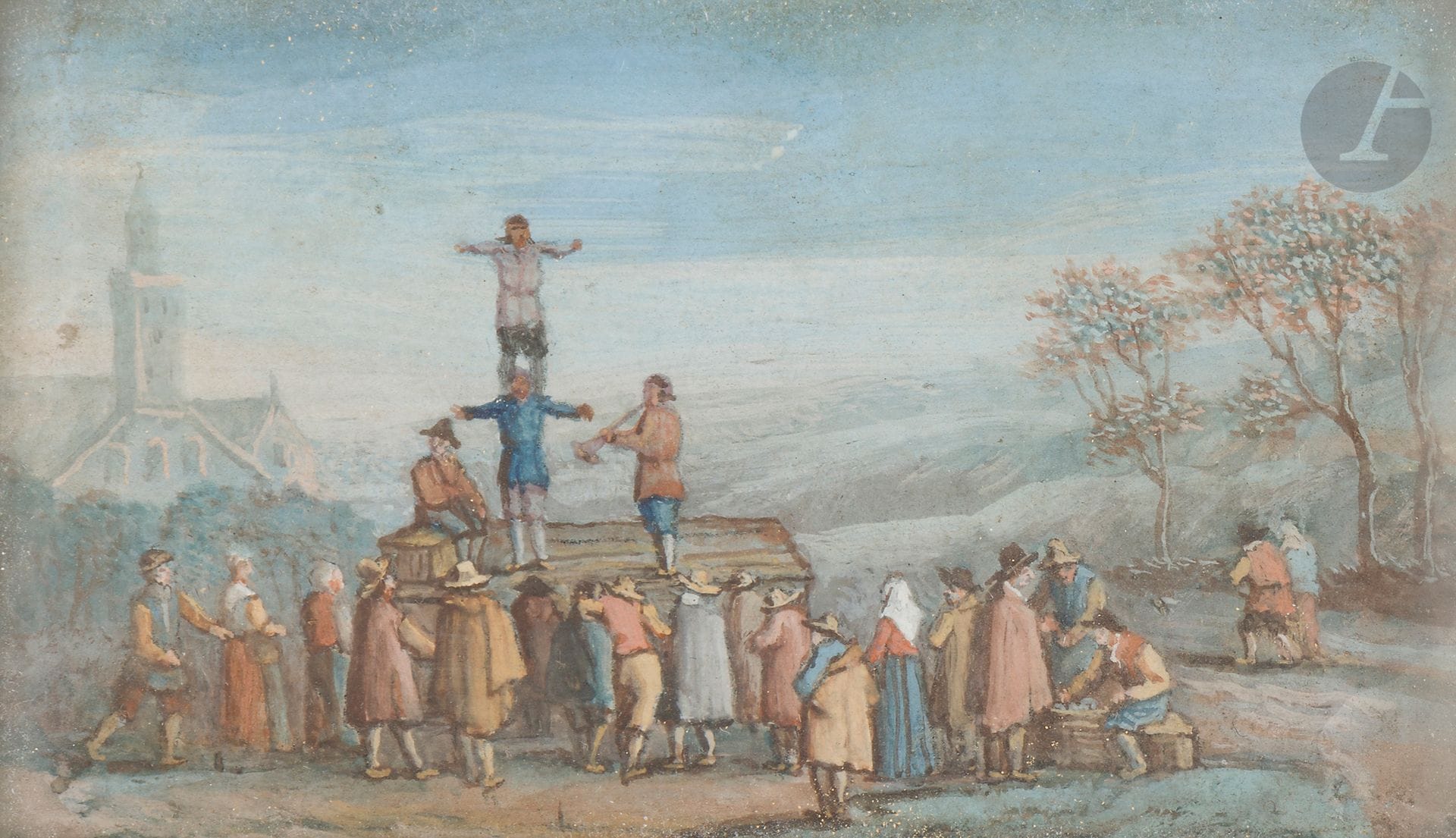 ÉCOLE FRANÇAISE du XVIIIe siècle 
Les Saltimbanques
Gouache.
5,5 x 9,5 cm