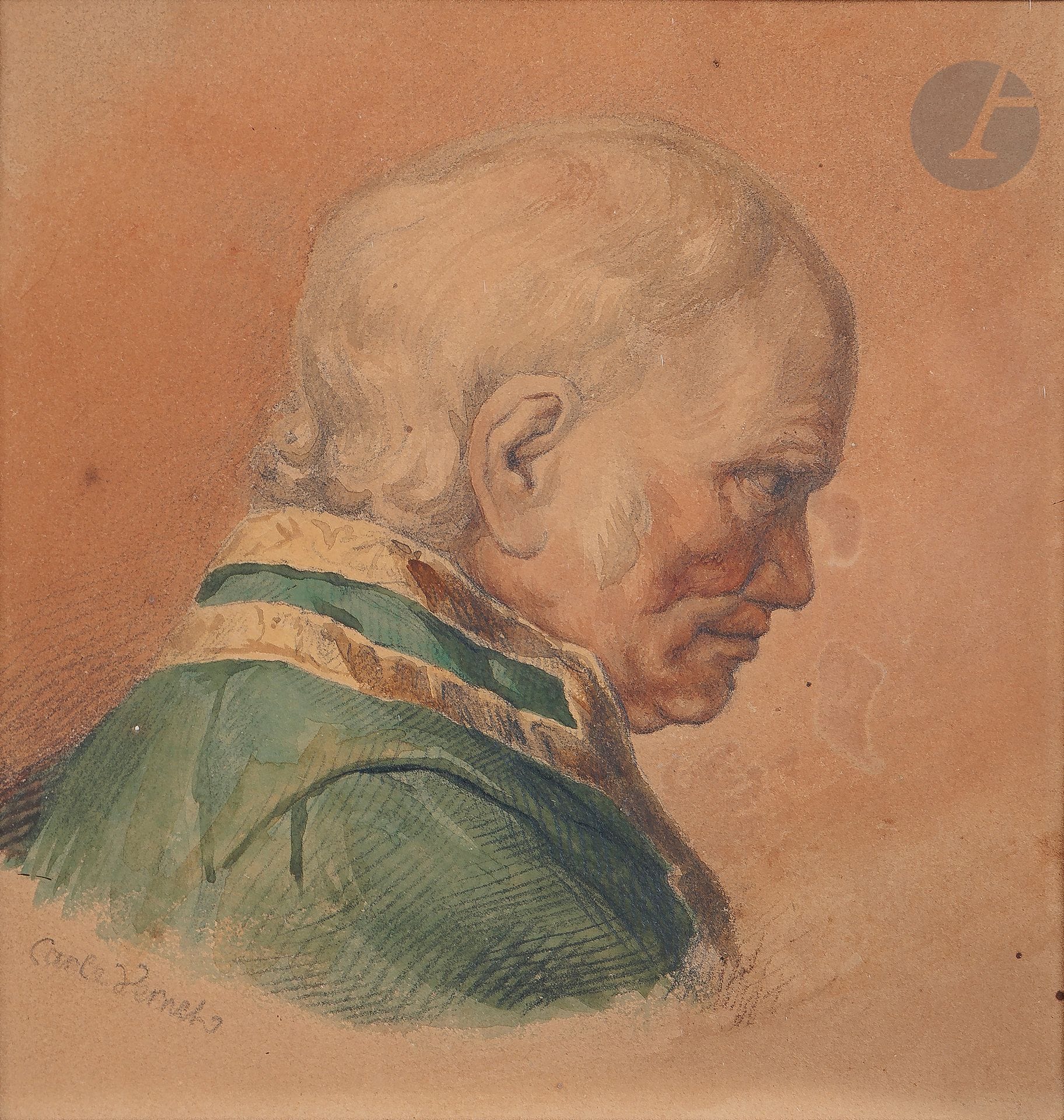 Attributed to Carle VERNET 
(Bordeaux 1758 - Paris 1836)
Portrait of a man in profile
Watercolor and black pencil.
Annotated lower left "Carle Vernet".
30 x 22 cm
