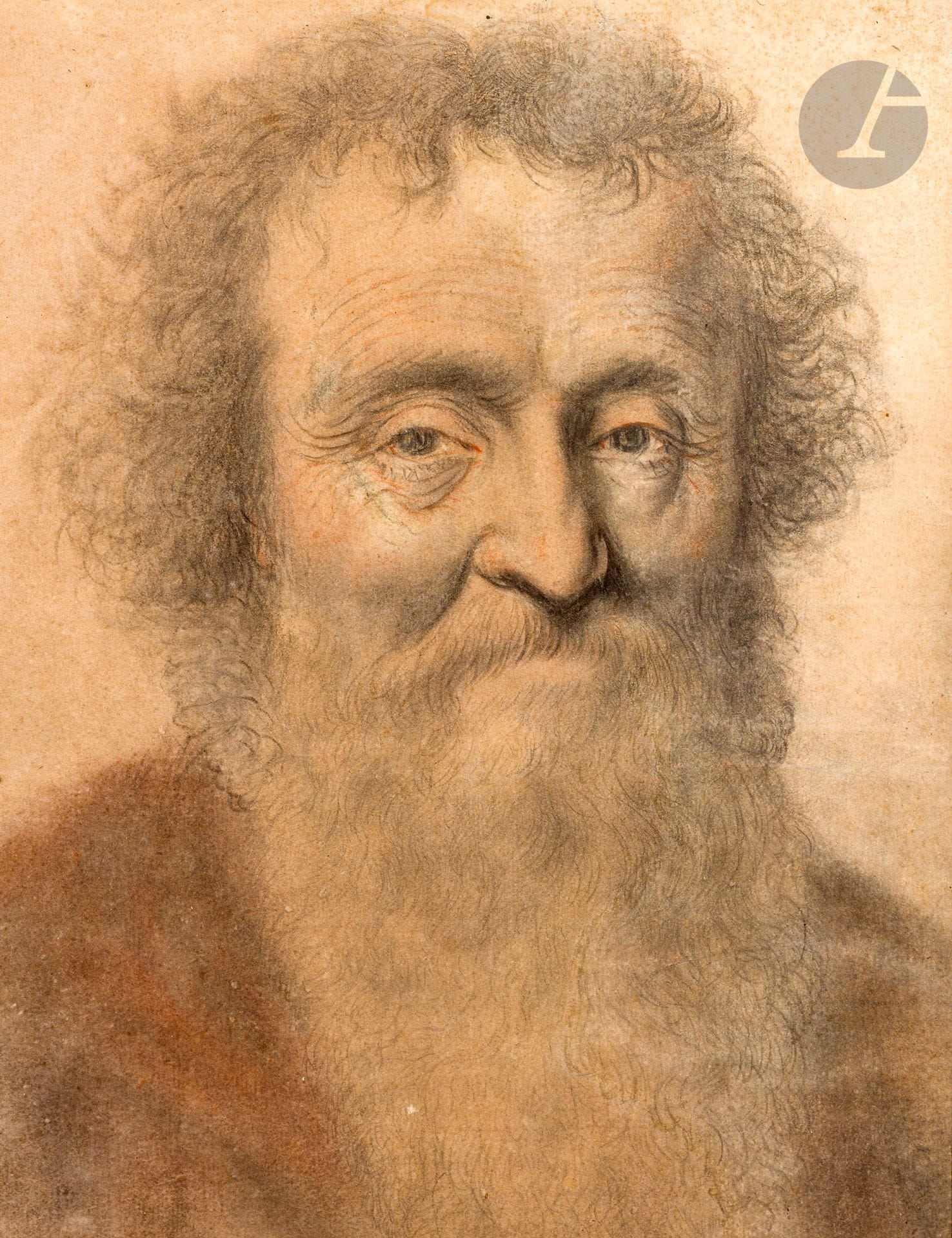 Nicolas LAGNEAU (active in France in the 17th century)
Portrait of an old man with a beard
Black stone, red chalk and blur.
33 x 35 cm
Old labels on the reverse of the frame. 
(Slightly oiled, a few scratches and small stains). 

Provenance : 
- Former Mahéraut collection.
- Former Huchon collection, sold June 10-11, 1903, Paris, lot no. 6.
- Galerie Georges Petit, charity sale, December 14, 1916, no. 76 (gift of Madame Louis Stern).
- Former Henri Leroux collection, sale March 23, 1968, no. 14.
- Former A. Kahn-Wolf collection, according to a label on the reverse.
- Anonymous sale, Hôtel Drouot, Piasa, March 31, 2014, n°35.