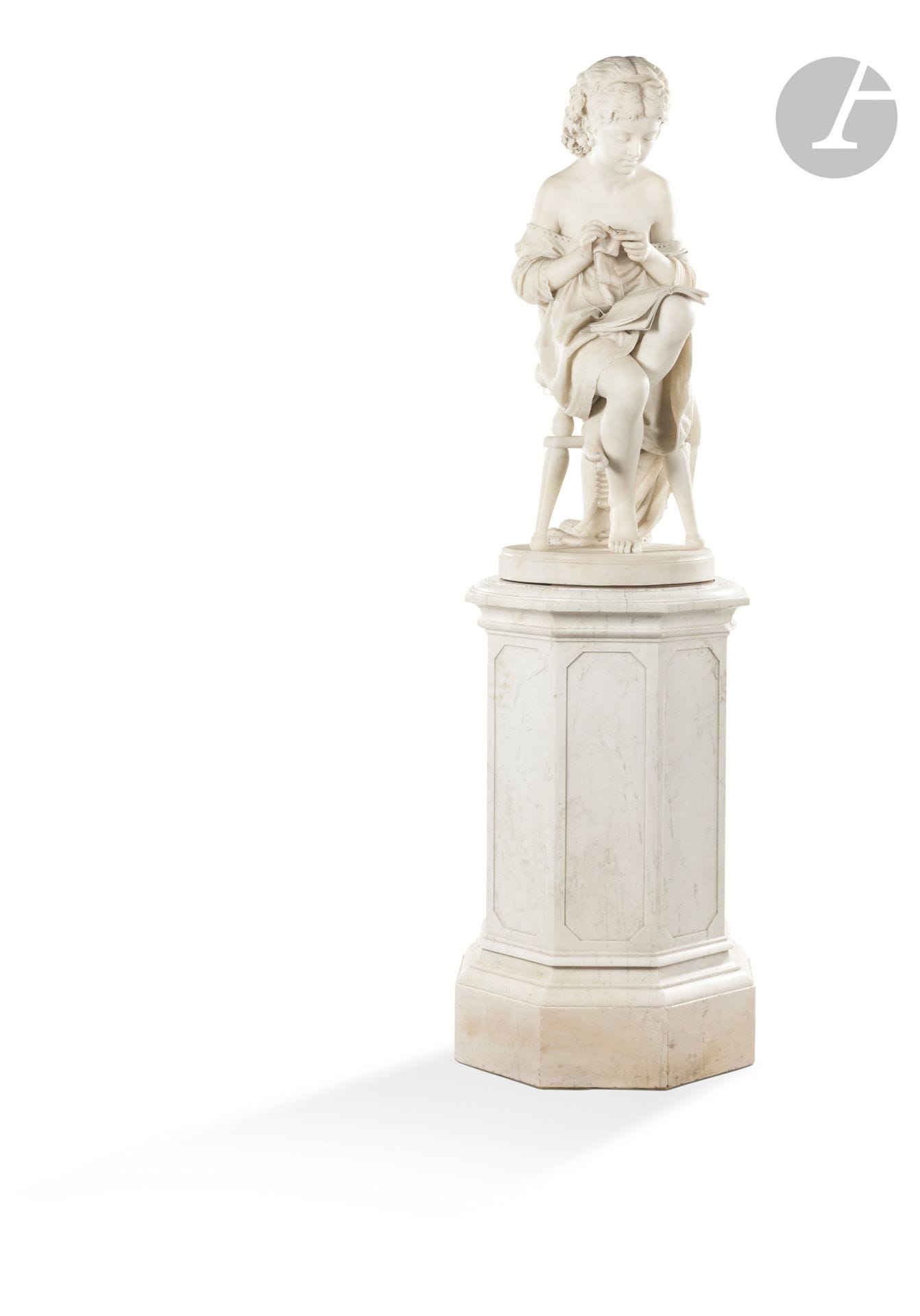 Ugo ZANNONI (1836-1919)
La jeune brodeuse, 1876
Sculpture en marbre blanc.
Signée, située Milan et datée sur la terrasse.
Piédestal octogonal sur contre-socle en marbre blanc.
H. totale : 197 cm 
H. brodeuse : 102 cm

Ugo Zannoni commence sa formation de sculpteur dans sa ville natale de Vérone, dans l'atelier de Grazioso Spazzi, et la poursuit à l'Accademia di Belle Arti de Venise puis à l'Accademia di Brera. 

Parmi ses œuvres les plus importantes réalisées à Vérone, on retrouve la statue de Dante Alighieri placée sur la Piazza dei Signori.