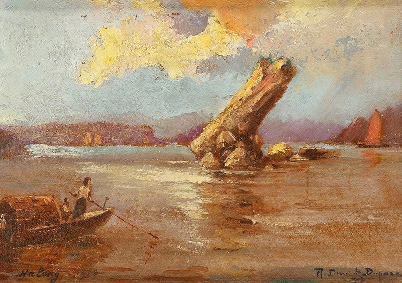 Robert DUMONT - DUPARC (1866 - 1930)
Vue d'Halong Huile sur carton. Signée en bas à droite. Titrée et datée en bas à gauche. 14 x 20 cm