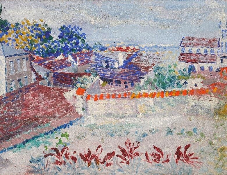ÉCOLE FRANÇAISE
Village en bord de mer Huile sur carton. Non signée. 29 x 37 cm