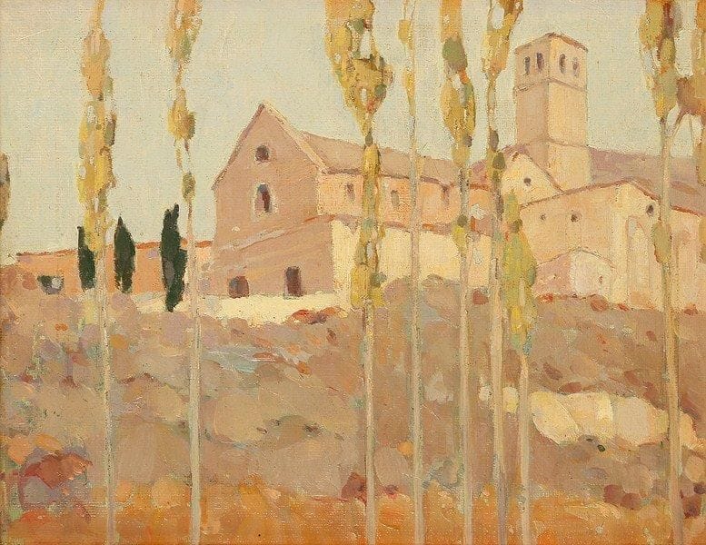 ÉCOLE MODERNE
Paysage à l'église Huile sur carton toilé. 23 x 29 cm