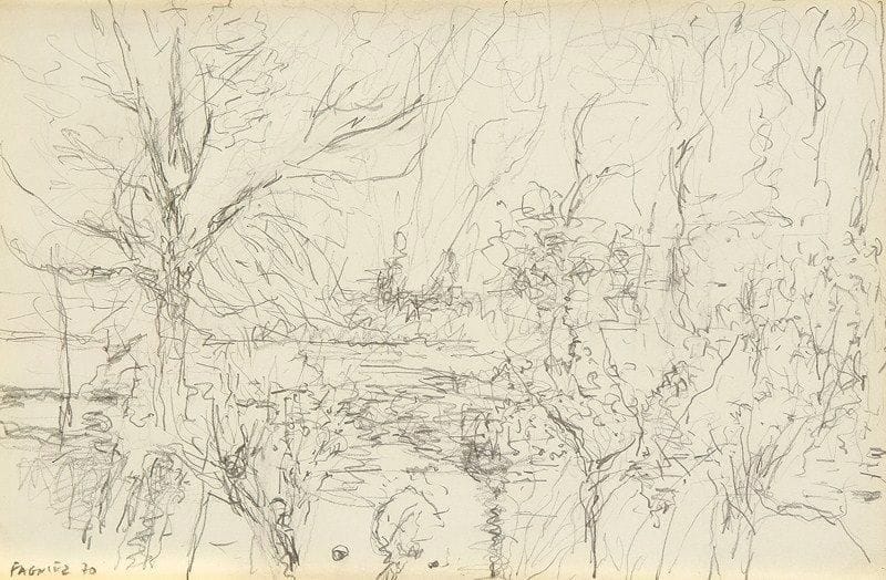 François Xavier FAGNIEZ (né en 1936)
Paysage aux arbres, 1970 Mine de plomb. Signée et datée en bas à gauche. Au dos, lettre datée de 1970 de Fagniez au sujet du dessin préparatoire à un tableau. 15.50 x 23 cm