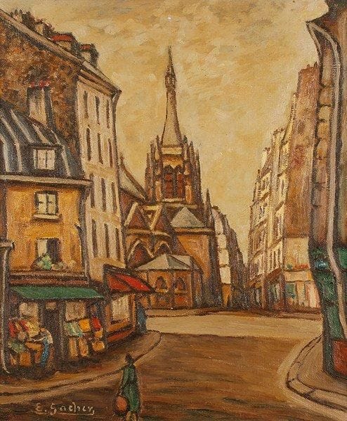 GACHER (XXe siècle)
La rue Galande Huile sur toile. Signée en bas à gauche. Signée, située et datée 1956 au dos. 55.50 x 46 cm