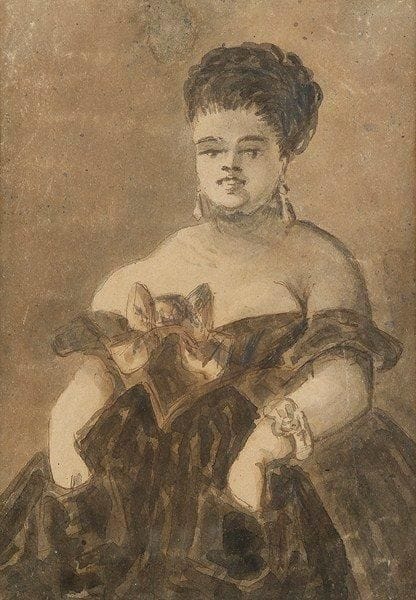 Attribué à CONSTANTIN GUYS (1802/05 - 1892)
Femme en robe du soir Encre et lavis d'encre. (Accidents). 20.50 x 14.50 cm Provenance: Vente Loudmer, 11/12/1981
