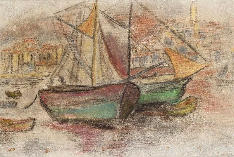 K HOKE
Bateaux au port Pastel et fusain. Signé en bas à droite. 33 x 48 cm