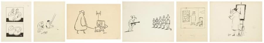 [HUMORISTES - DESSINS DE PRESSE] 6 dessins à l'encre. SINE (né en 1928) Braille chez l'opticien (27 x 21 cm) BOSC (né en 1924) Le chien télévision (16 x 23.5 cm) MOSE (1917 - 2003) Escarpoletisme (32 x 25 cm) TETSU (1913 - 2008) Sans paroles (25 x 32.5 cm) TREZ (né en 1929) 2 dessins: Guillaume Tell à la mitraillette (25 x 31.5 cm) et Le confident (27 x 21 cm)