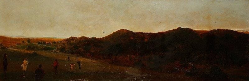 Gürkan COSKUN dit KOMET [turc] (né en 1941)
L'Autre côté du soir, 1987 Huile sur toile. Signée en bas à droite. 30 x 90 cm Provenance: Galerie Jean Briance, Paris