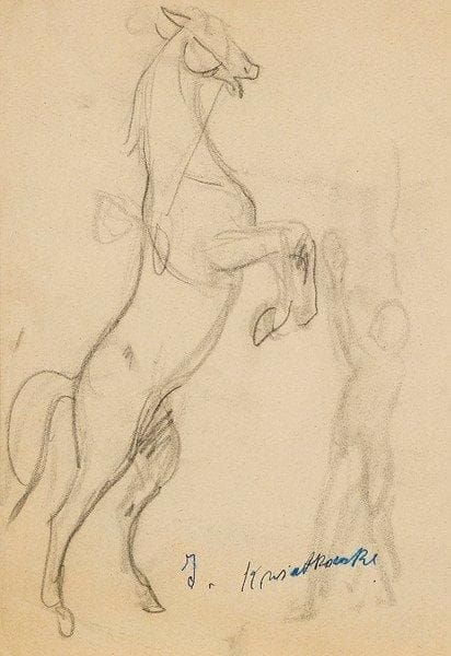 J. KRISATKOWSKI (?)
Cheval au dressage et sous - bois. 2 dessins au fusain. Signés en bas à droite. 42.5 x 22.5 cm - 31 x 21.5 cm Joint: Anonyme, Procession. Gouache. 47.5 x 36 cm
