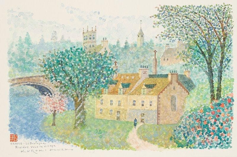 Kunihiko KUROKI (XXE SIÈCLE)
France - La Bretagne - Rivière vers le village Aquarelle. Signée, titrée, timbrée. 39.50 x 54.50 cm