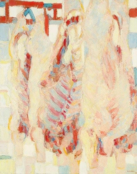 André LAURAN (1922 - 2009)
Boucherie, 1958 Huile sur toile. Signée et datée en bas à droite. 92 x 73 cm