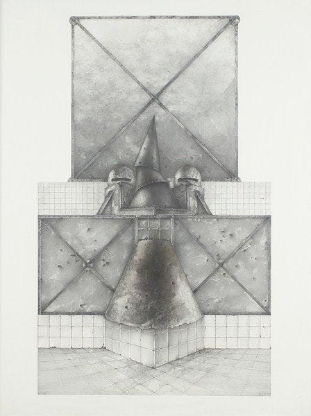 Alain LOISELET (né en 1946)
Mur armure, 1978 Encre, lavis d'encre et mine de plomb. Signée en bas à droite, datée en bas à gauche. 67 x 57 cm