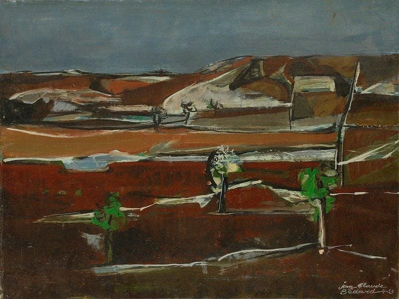 Jean - Claude BEDARD (1928 - 1987)
Paysage aux arbres, 1953 Huile sur toile. Signée et datée en bas à droite. (Accidents). 41 x 54 cm