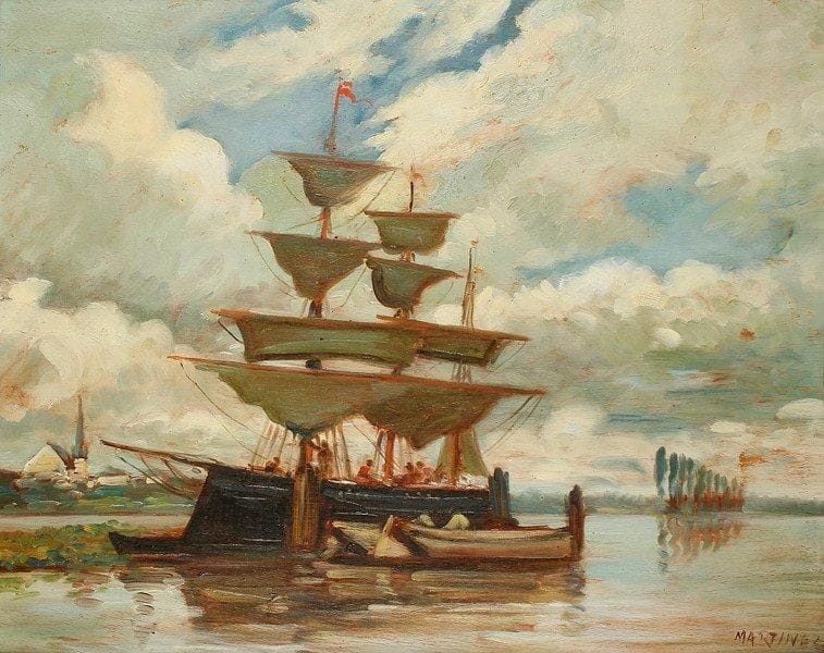 MARTINEZ (XXe Siècle)
Voilier au bord de la berge Huile sur panneau. Signée en bas à droite. (Accidents au cadre) 62 x 49.50 cm