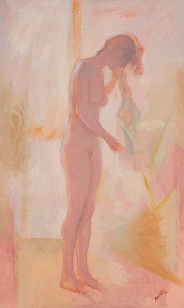 Federico MONTANANA (1928 - 2006)
Jeune femme à sa toilette Huile sur toile. Signée en bas à droite. 146 x 89 cm