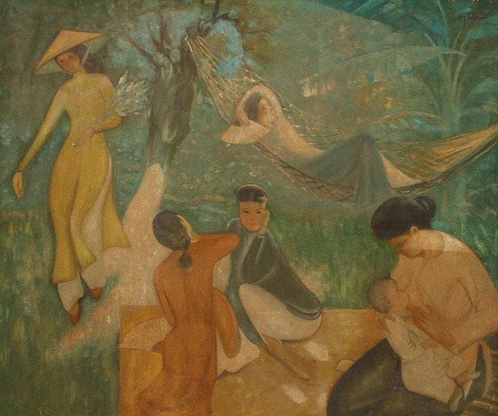 Sièn NGUYEN [vietnamien] (1916 -?)
Scène familiale Huile sur toile. Signée en haut à droite. 120 x 100 cm