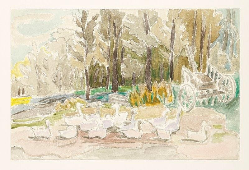 Félicia PACANOWSKA (Attribué à) (1907 - 2002)
Les oies dans le pré Aquarelle. 32 x 49 cm