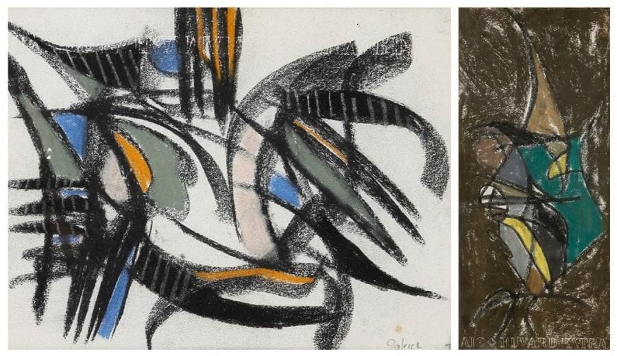 Patrice JORDAN dit PATRICE (né en 1944)
Vert et jaune sur fond noir - composition Deux pastels. Signés en bas à droite. 16 x 37 cm - 21 x 27 cm